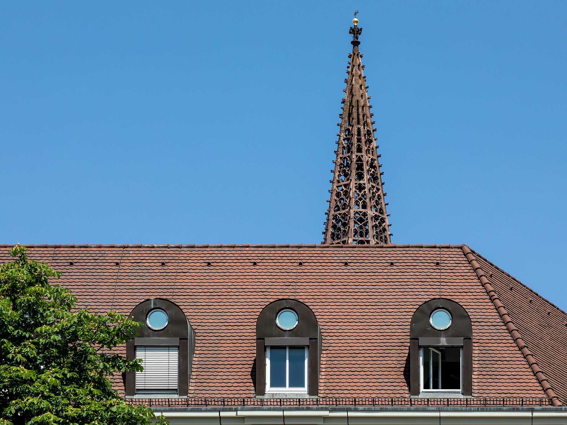 Turm des Freiburger Münsters über den Dächern von Freiburg im Breisgau